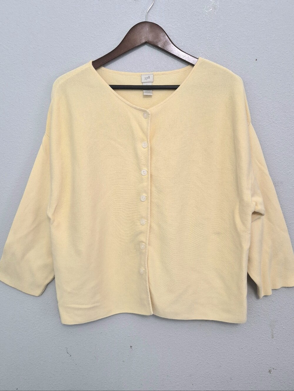 J Jill Butter Yellow Ribbed Boxy Button Front Cardigan Sweater Large Comfy